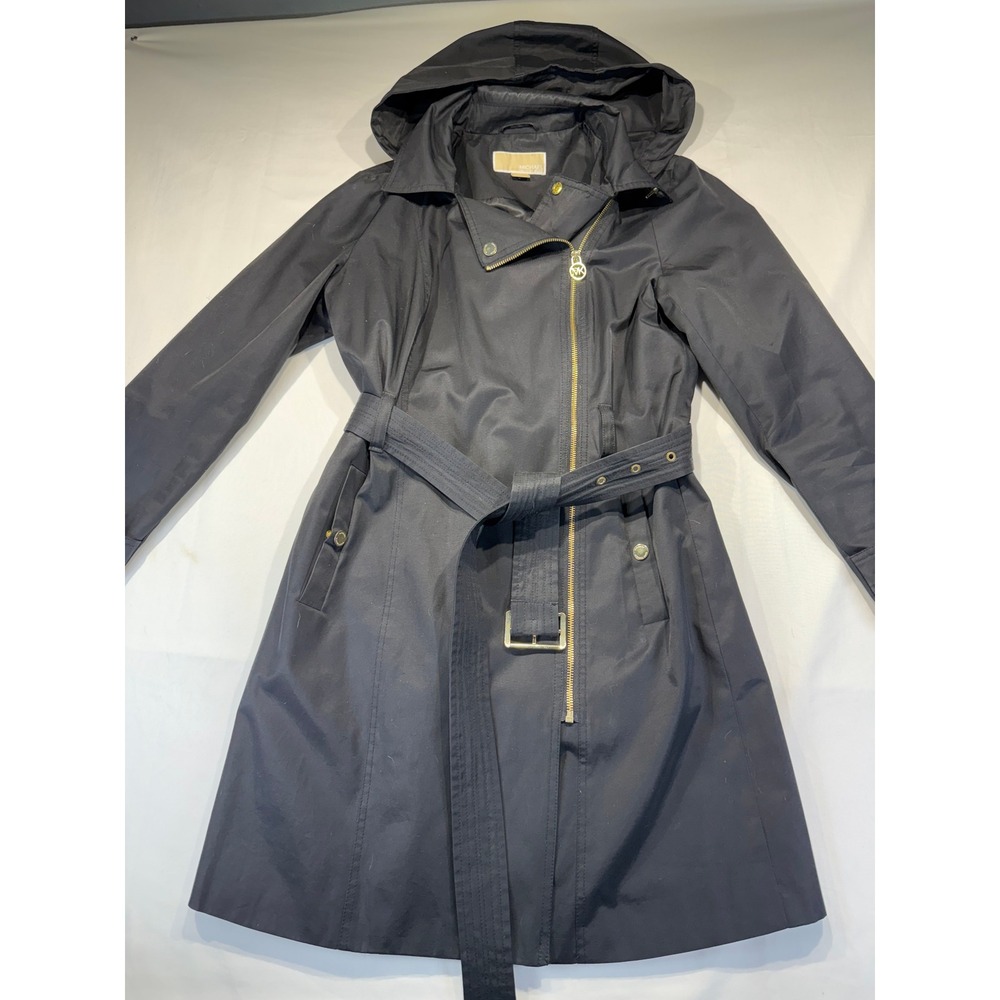 Michael Kors Womens Black Raincoat Zip Hooded Trench Coat Gold Hardware L
